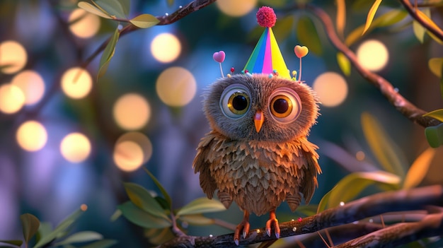 Cute Party Owl Festive 3D Cartoon Character w kolorowym oświetleniu z Party Hat