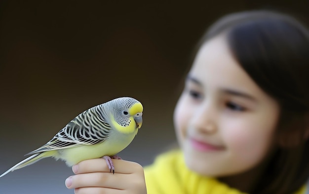 Cute piskląt papużki falistej na ręce dziewczynki Koncepcja ptaka domowego