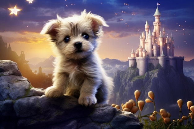 cute puppy w magicznym otoczeniu Adorable puppy w krajobrazie fantasy Zabawna chwila