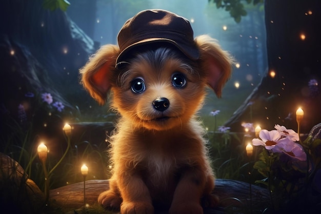 cute puppy w magicznym otoczeniu Adorable puppy w krajobrazie fantasy Zabawna chwila