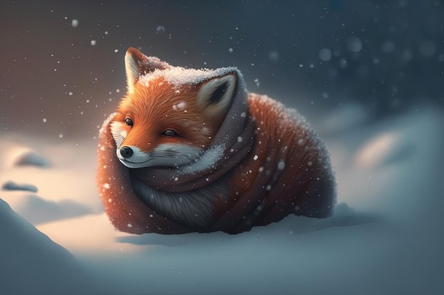 Cute red fox baby cartoon zjawiskowy w śniegu zima Generative AI Koncepcja zwierząt i krajobrazu