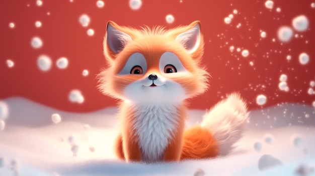 Cute red fox dziecko kreskówka marzycielski w śniegu zima genGenerative AI