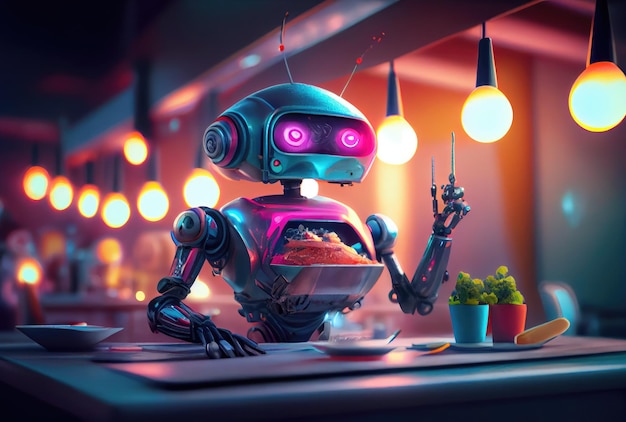 Cute robota jedzenia żywności w tle restauracji Koncepcja technologii i żywności Generative AI