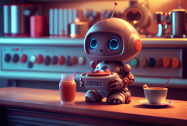 Cute robota jedzenia żywności w tle restauracji Koncepcja technologii i żywności Generative AI