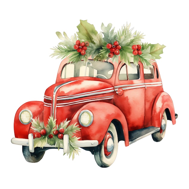 Zdjęcie cute watercolor christmas themed red pickup truck illustration for christmas