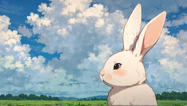 Zdjęcie cute white rabbit head with a green field and cloudy sky background cartoon illustration