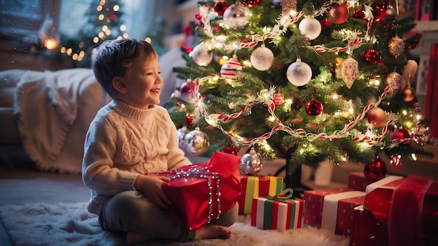 Cutte mały chłopiec w domu w pobliżu świątecznych dekoracji
