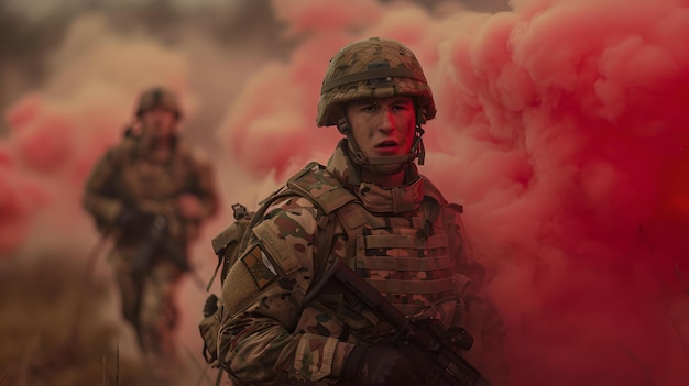 Ćwiczenia wojskowe z żołnierzami pośród czerwonego dymu dramatyczna i intensywna atmosfera pełna akcji scena uchwycona przez sztuczną inteligencję