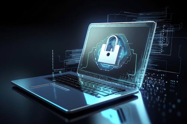 Cyber bezpieczeństwo Concept Art Shield Key Lock wyłaniające się z ekranu laptopa na ciemnoniebieskim tle