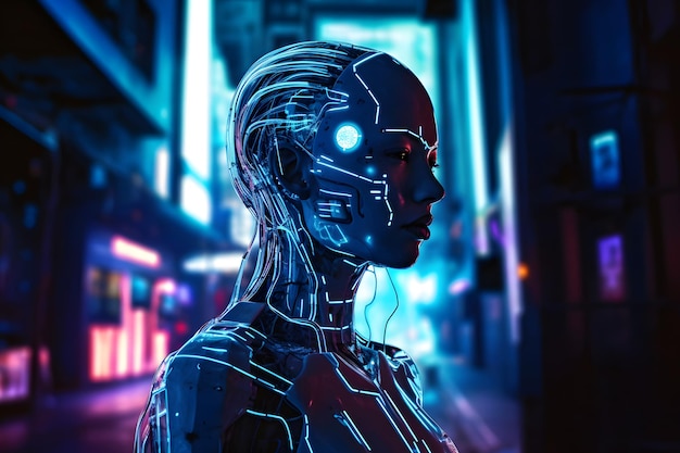 Cyber-człowiek w neonowym mieście przyszłości Wygenerowana sztuczna inteligencja sieci neuronowej