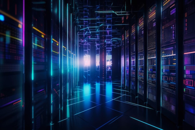 Cyber Data Center Neon Server Room z futurystyczną technologią