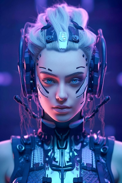 Cyber kobiety goth neon punk robot android dziewczyna widok z przodu portret AI wygenerowane