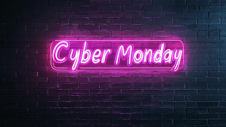 Zdjęcie cyber monday neon sign ceglana ściana tło