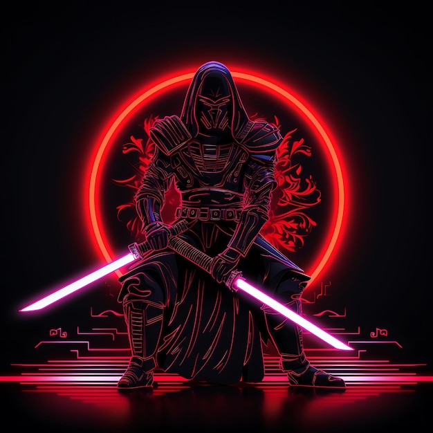 Cyber Samurai Borderline Design Neon Lines Style Katana Desi Y2K Shapes Neon Transparent Light Art