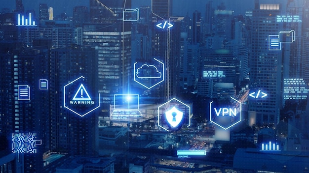 Cyberbezpieczeństwo cyfrowe systemy sieciowe VPN ikona tarczy bezpieczeństwa komputera AI Technologia informacyjna chroniona zapora ogniowa bezpieczne szyfrowanie dostępu przed cyberatakami Internet symbol tło miasta