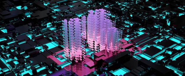 Cyberneonowy wieżowiec na tle wirtualnego miasta