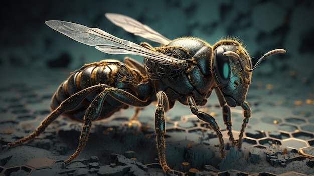 Cybernetyczna pszczoła na tle plastra miodu