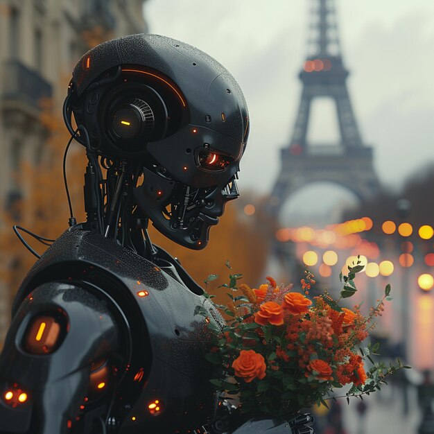 Cybernetyczna zmysłowość Robot z pomarańczowymi kwiatami w paryskim zmierzchu