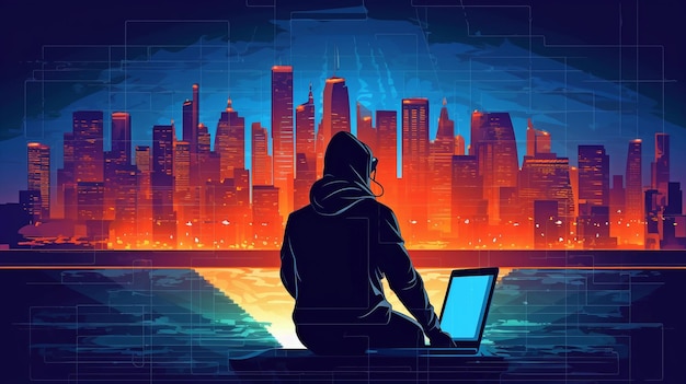 Cyberprzestępczość Ilustracja przedstawiająca hakera komputerowego korzystającego z laptopa Scena miasta Hakowanie kodu binarnego GENERUJ AI