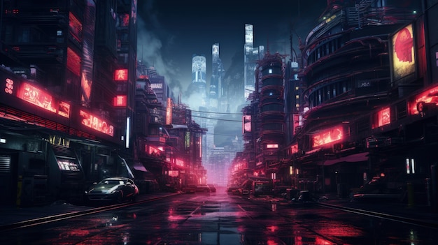 Cyberpunk City Street Night View Futurystyczne miasto Neon Light Generująca sztuczna inteligencja