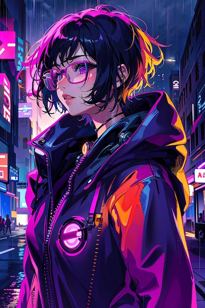 Cyberpunk girl anime styl sci-fi futurystyczne tło