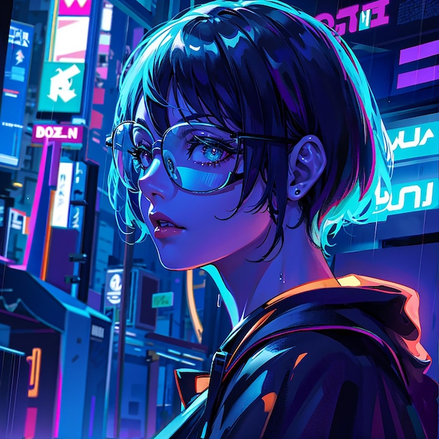 Cyberpunk girl anime styl sci-fi futurystyczne tło