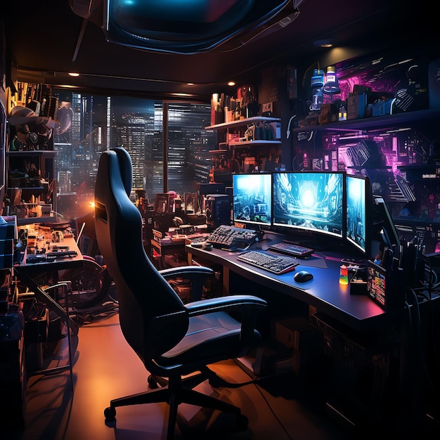 Cyberpunk Hackers Den Dark Cyberpunk Kolorowy motyw Komputer Se Creative Live Stream Idea tła