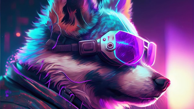 Cyberpunk Husky Dog Piękna cyfrowa grafika portret Cyberpunkowego psa Husky Anime Zwierzę noszące szelki i gogle z parą wodną wykonane z rozbitego ekranu komputera z błędami w kolorze