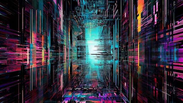Zdjęcie cyberpunk kolorowy neonowy deszcz na czarnym tle retro ilustracja świecących pasków ukośnych i prostych gradacji scifi art generative ai