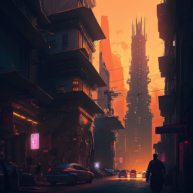 Cyberpunk miasto sylwetka pejzaż miejski krajobraz miejski rysunek imitacja abstrakcyjna generatywna ilustracja AI