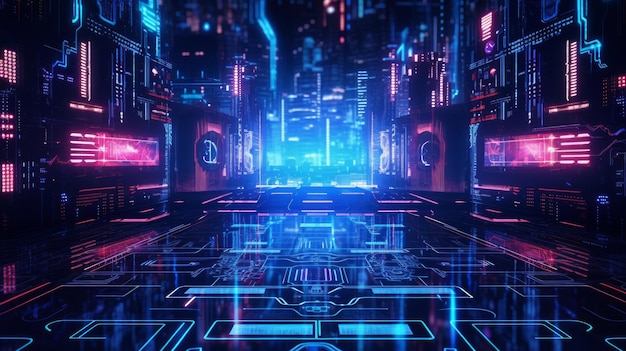 Cyberpunk Neon Background z HiTech Symbols generowanymi przez AI