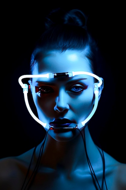 Zdjęcie cyberpunk portret kobiety z futurystycznym wizjerem stworzony za pomocą technologii generative ai