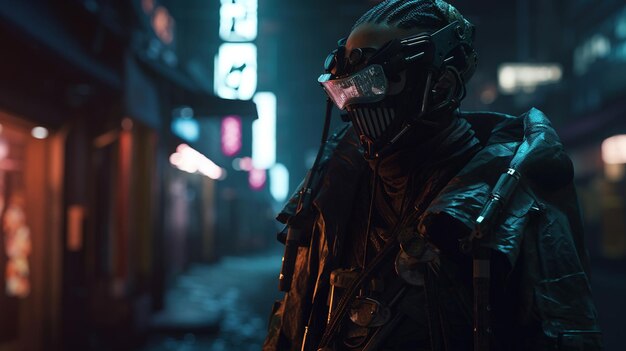 Cyberpunk samuraj w futurystycznym mieście neonowym