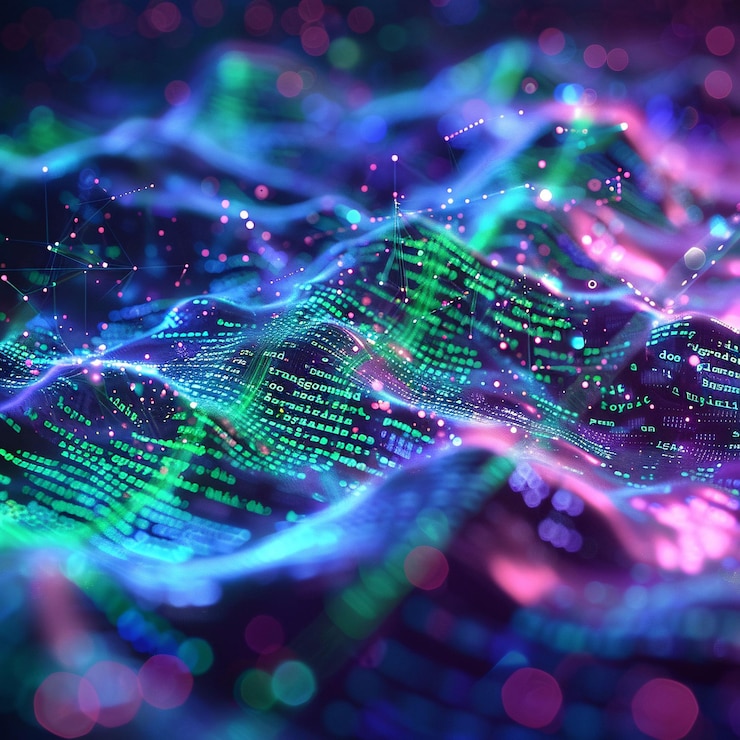 Zdjęcie cyberpunk styl abstrakcyjny cyfrowy migoczący tło z kolorowymi neonowymi liniami i cząsteczkami