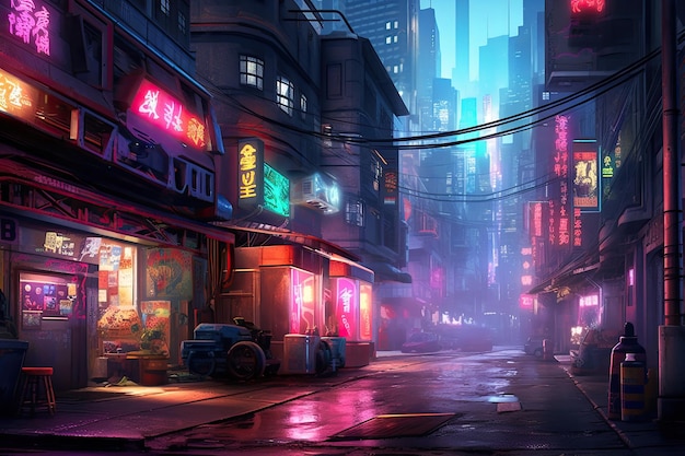 Cyberpunk ulica 2D gra mobilna tło Cyberpunk miasto środowisko neonowe miasto Wygenerowane przez AI