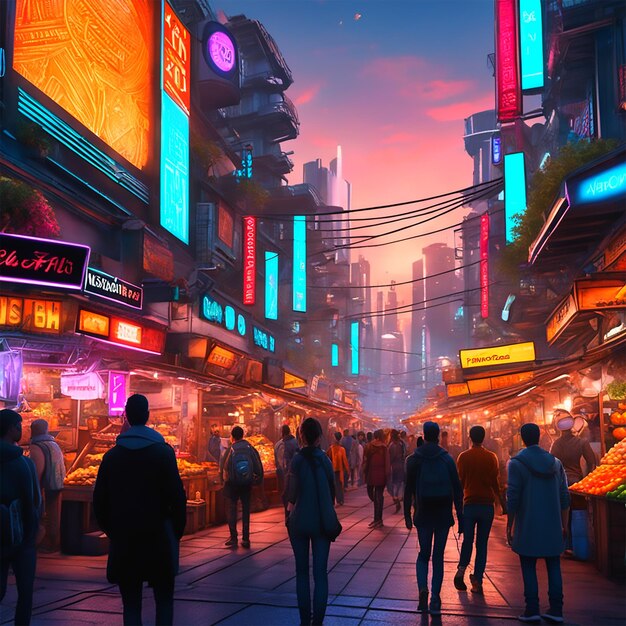 Cyberpunk zainspirowany rynkiem ulicznym o zmierzchu z sprzedawcami sprzedającymi futurystyczne gadżety wirtualnej rzeczywistości