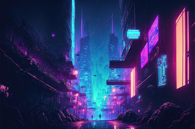 Cyberpunkowa ilustracja 3D przedstawiająca futurystyczny pejzaż miejski Miasto przyszłości w jasnej wielobarwnej neonowej nocy Neon Haze Night miejski krajobraz stworzony przez generatywną sztuczną inteligencję