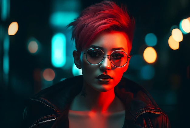Cyberpunkowa postać kobieca w neonowym stylu Seksowna kobieta Generuje sztuczną inteligencję