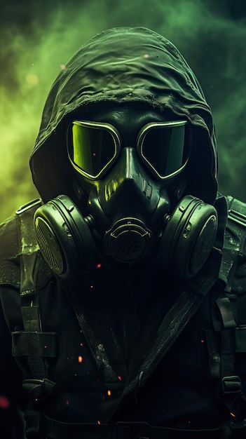 Cyberpunkowa postać maski gazowej z zielonym motywem