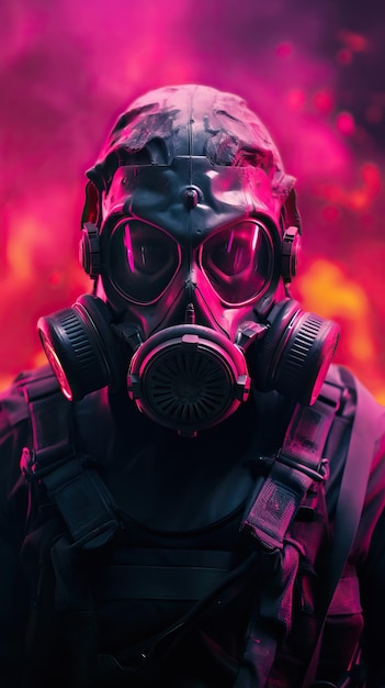 Cyberpunkowa postać ubrana w maskę gazową z różowym motywem