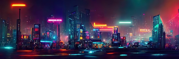 Cyberpunkowa ulica miasta, nocny widok, futurystyczne miasto, neony. Nocna scena uliczna, przyszłość retro.