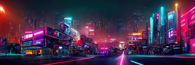 Cyberpunkowa ulica miasta, nocny widok, futurystyczne miasto, neony. Nocna scena uliczna, przyszłość retro.