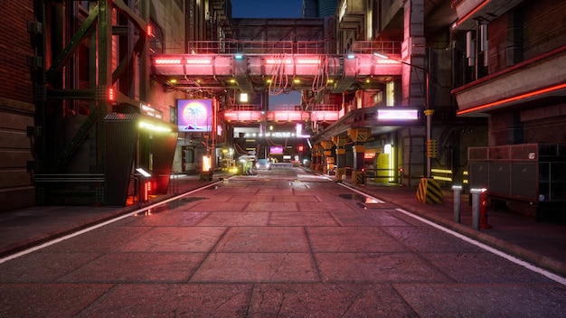 Cyberpunkowa ulica miasta render 3d