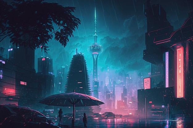 Cyberpunkowe neonowe miasto nocą futurystyczne budynki i wieża telewizyjna w deszczowej sztucznej inteligencji
