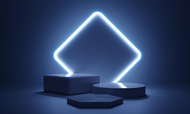 Cyberpunkowe Niebieskie Puste Podium Ze świecącą Ramą Lampy W Ciemności Do Prezentacji Produktu Technologia I Koncepcja Scifi Renderowanie Ilustracji 3d