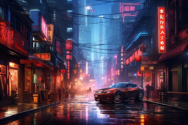 Cyberpunkowe nocne miasto Dystopijne futurystyczne cyberpunkowe miasto nocą w neonowej mgle Generacyjna sztuczna inteligencja