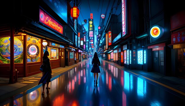Cyberpunkowe przyszłe miasto ulica zajęta nocą światła Generative AI
