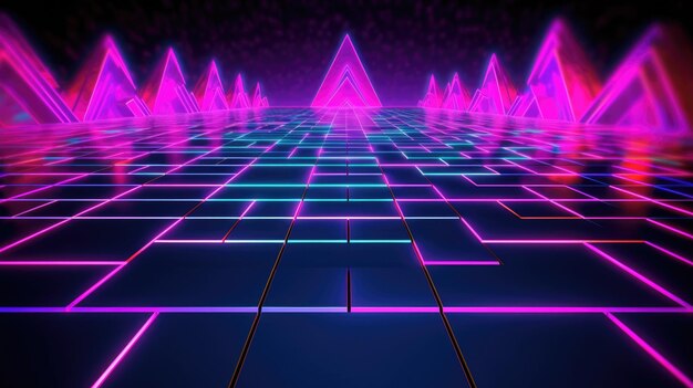 Cyberpunkowe światło neonowe w geometrycznym kształcie retrowave świecące tło siatki światła na tapetę pulpitu Malownicza generatywna sztuczna inteligencja