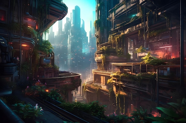 Cyberpunkowy pejzaż miejski z futurystycznymi pływającymi ogrodami, w których oświetlone neonami drapacze chmur i zaawansowana technologia współistnieją z bujną zielenią i żywymi roślinami generującymi sztuczną inteligencję