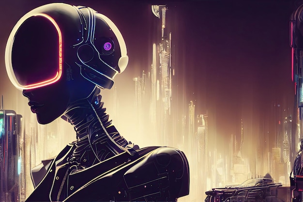 Cyberpunkowy robot w mieście nocą ze świecącą maską UV na czerwono i neonowym tle drapaczy chmur